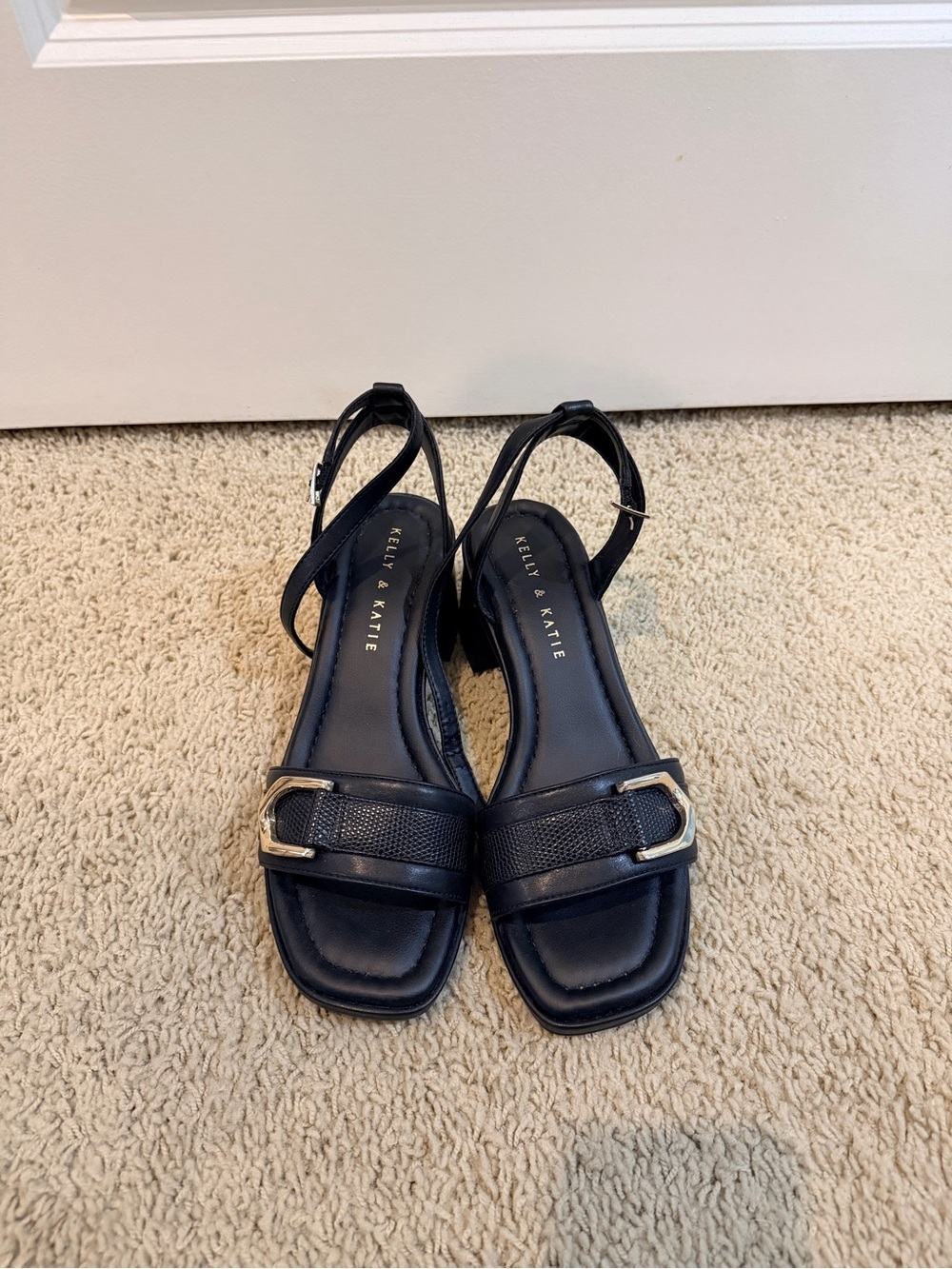 Kelly & Katie Black Ankle-Strap Block Heel Sandals with Gold Buckle